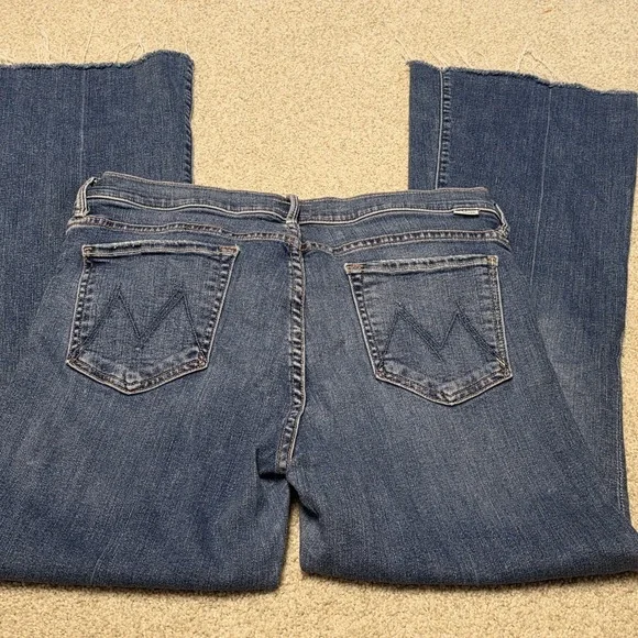 Mother The Weekender Fray Faded Flare Blue Walking On Coals Jeans 31x30 Raw Hem